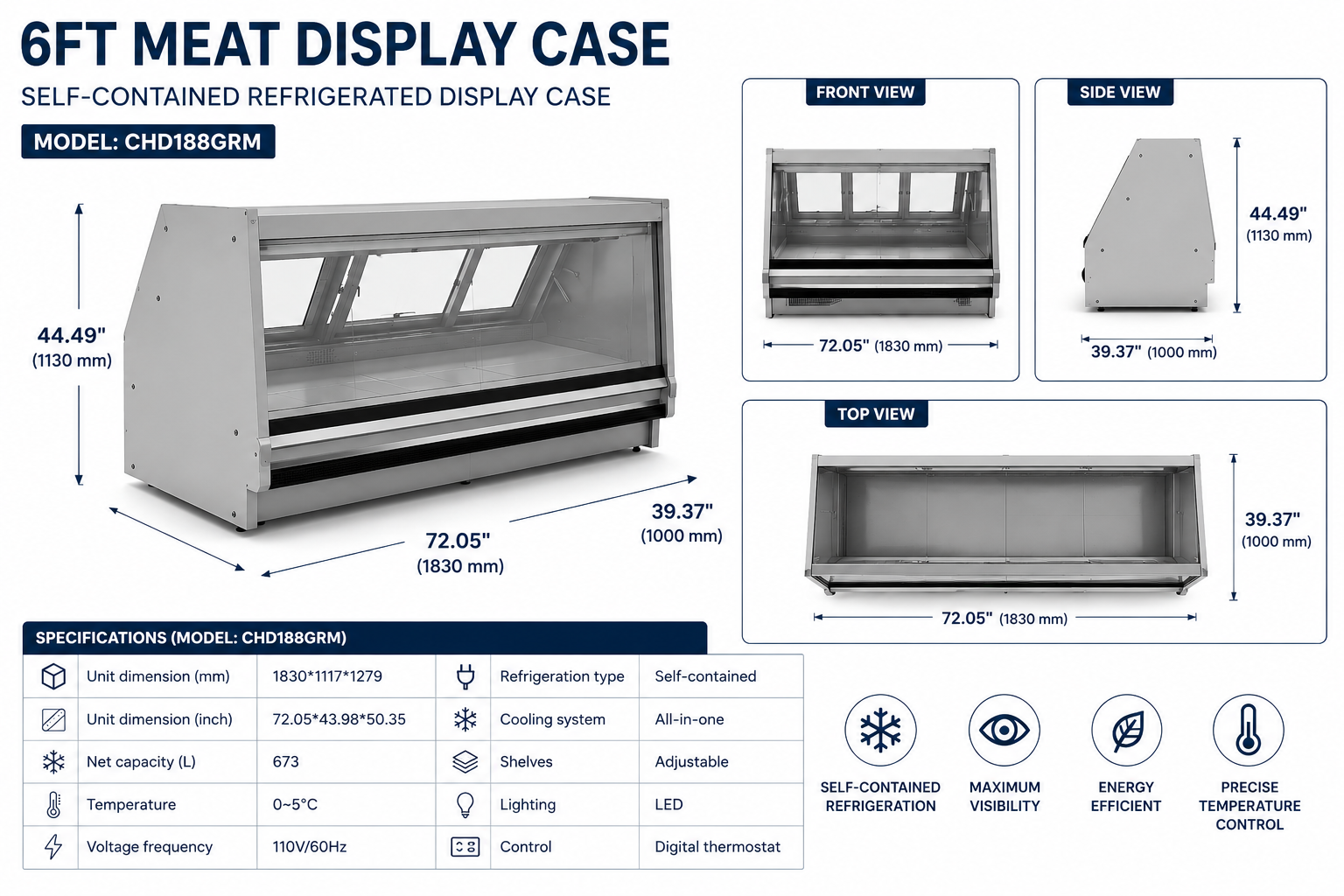 6FT Commercial Meat Display Case – Self-Contained Refrigerated Meat Showcase - Image 3